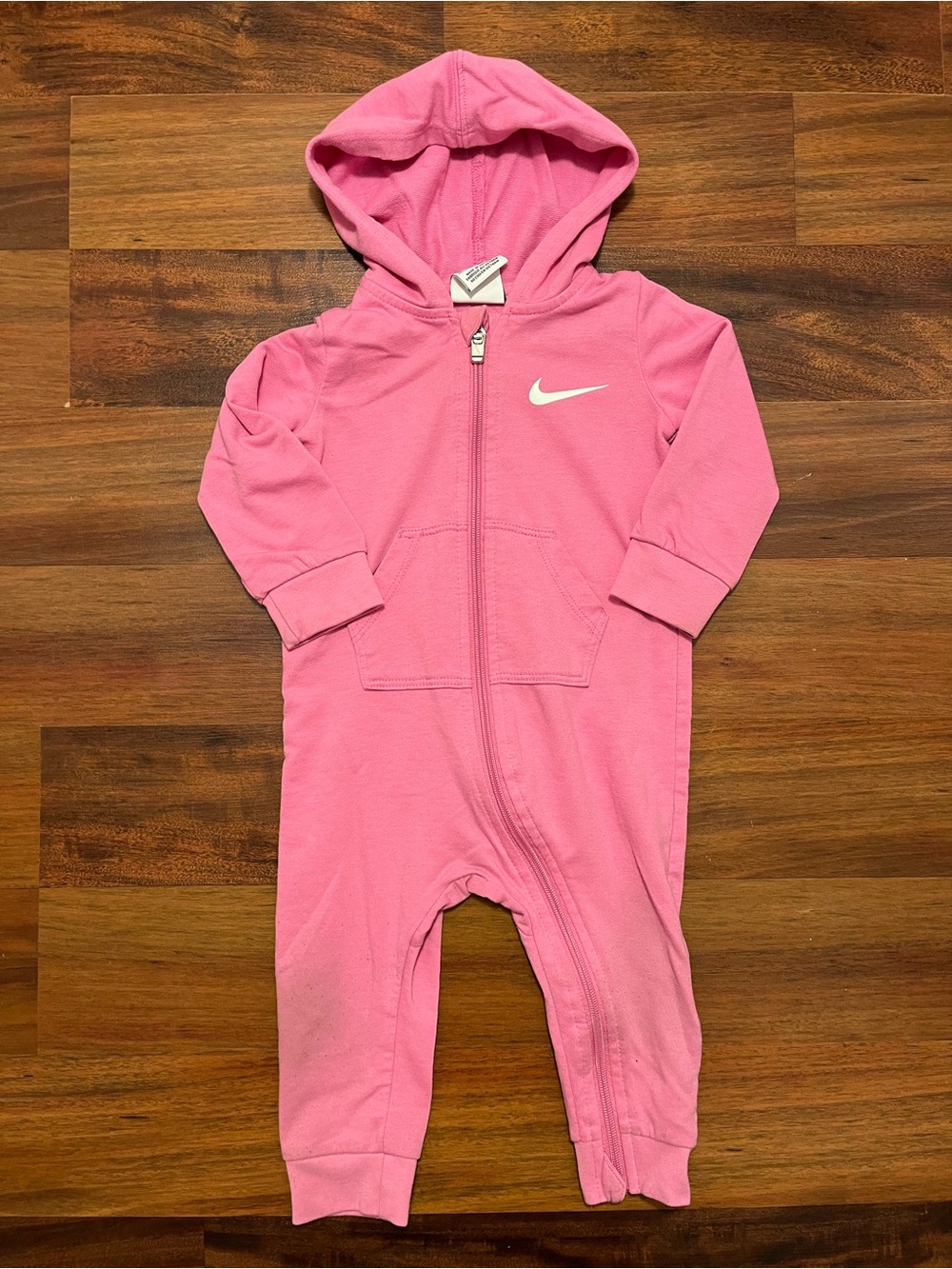12 Months Pink Nike Hooded Long Sleeve Zippered Romper